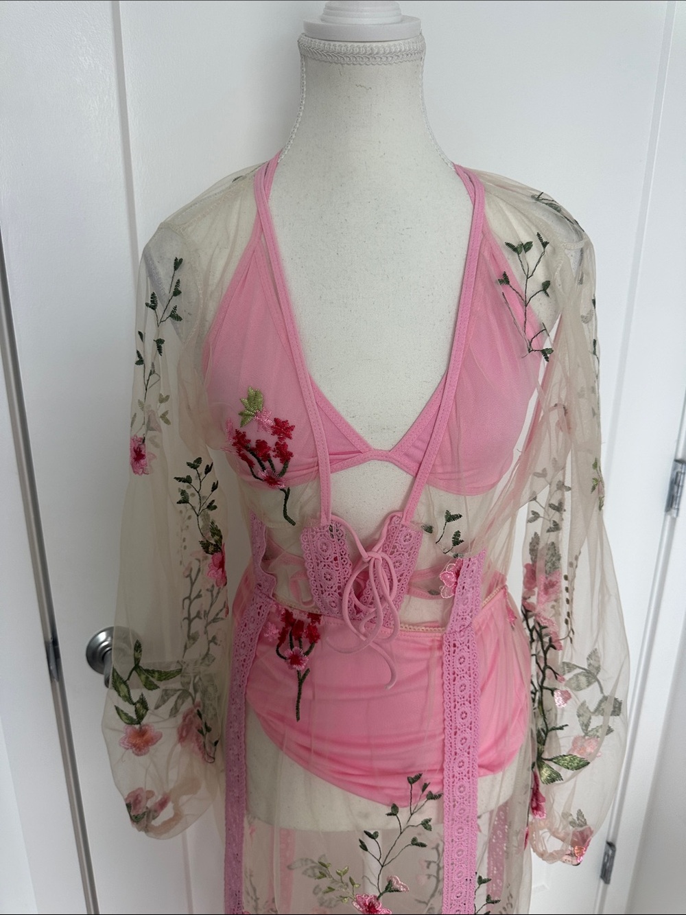 For Love and Lemons Luna Maxi Pink embroidery sheer dress NWOT Small - Picture 5 of 7